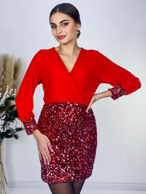 Dámske párty kombinované šaty s flitrovanou sukňou  - červené