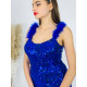 Flitrované dámske spoločenské šaty s pierkami na ramienkach - modré - KAZOVÉ