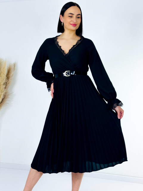 Dámske midi spoločenské šaty s čipkou a plisovanou sukňou - čierne