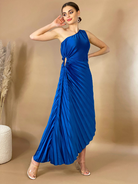 Dámske asymetrické plisované šaty na jedno rameno - modré
