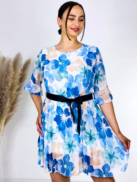 Dámske plisované šaty s opaskom Flowers - svetlo modré