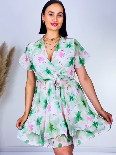 Dámske kvetované šaty s opaskom a véčkovým výstrihom - zelené