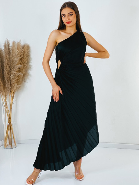 Dámske asymetrické plisované šaty na jedno rameno - čierne